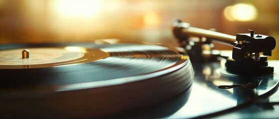 Obraz premium Vinyl records spinning on a turntable, warm analog sound, retro album covers in the background, cozy and nostalgic, ultra HD detail