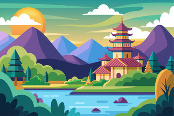 Naklejka premium A Serene Asian-Inspired Landscape with a Pagoda and Mountains