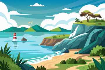 Coastal Landscape with Lighthouse, Mountains, and Trees