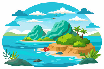 Tropical Island with Lush Vegetation and Palm Trees