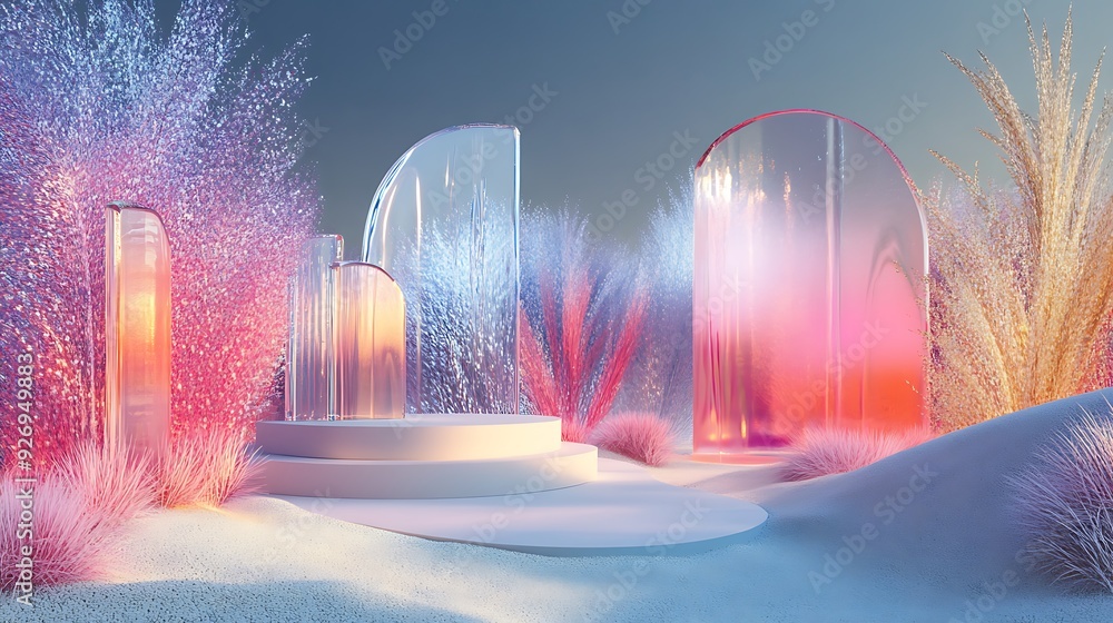 Poster abstract minimal product display with glass shapes and textured grass.