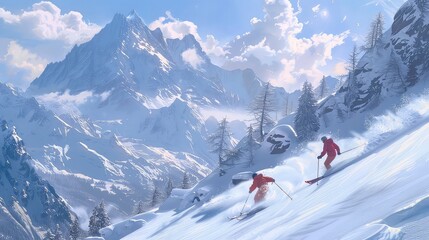 Two skiers carving down a snowy mountain slope under a bright blue sky with fluffy white clouds. The mountain peaks are covered in snow, creating a beautiful winter wonderland.