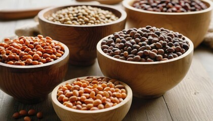 Obraz premium A variety of nuts in wooden bowls