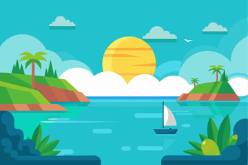 Obraz premium Tropical Island Seascape with Sailboat and Sunset
