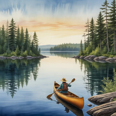 Watercolor illustration of the Boundary Waters Canoe Area Wilderness (BWCAW), capturing the pristine beauty and solitude of this vast natural landscape