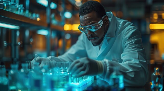 Alien Scientist in Futuristic Lab Conducting Experiments with Advanced Equipment | Clear Space for Design Overlay