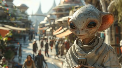 Extraterrestrial Family Adventures: Aliens Exploring Human City with Curiosity and Wonder, Urban Interaction Concept with Copy Space