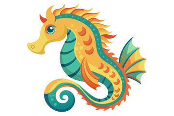 Fototapeta premium Cartoon illustration of a yellow and green seahorse