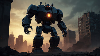 illustration of a black giant monster robot made of iron