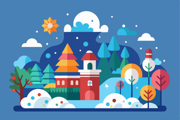 Obraz premium A Colorful Winter Scene with a Red-Roofed Building and Snowy Trees