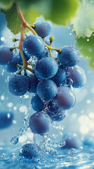 Refreshing and Juicy Cyan Grapes with Water Splashes Against a Solid Cyan Background, Fresh and Natural Summer Atmosphere, Shiny Grapes with Green Leaves Floating in Bright Lighting