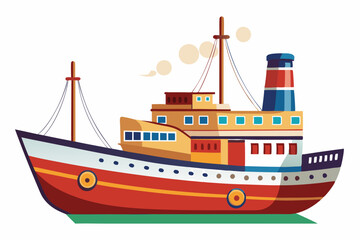 Obraz premium A colorful cartoon illustration of a vintage ship with a red and yellow hull and a blue and white chimney.