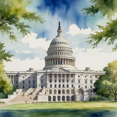 Obraz premium Watercolor illustration of the Rhode Island State House in Providence, highlighting its impressive architecture and prominent dome.