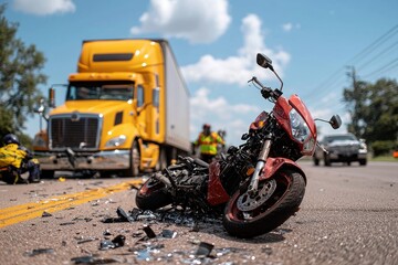 A red motorcycle is laying on the road next to a yellow semi truck, accident on the road