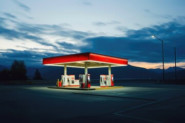 A gas station with a red roof and neon light. The gas station is empty and the sky is cloudy