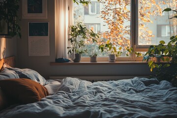 A bed with a window and a plant in it, Concept of tranquility and calmness