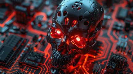 A black robotic skull with glowing yellow eyes rests on an orange circuit board.