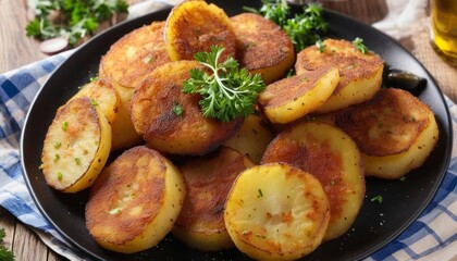 Fototapeta premium Delicious goldenbrown potato wedges with herbs ready to be savored