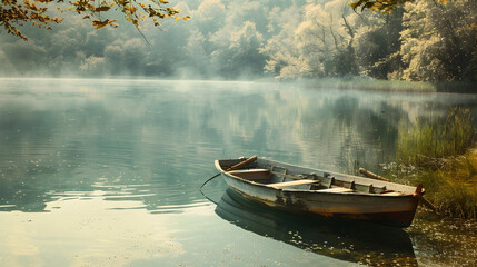 A rowboat moored on a lake