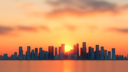 Obraz premium A serene cityscape bathed in the warm glow of the setting sun, where the hustle and bustle of the city fades away, leaving behind a sense of tranquility and peace.