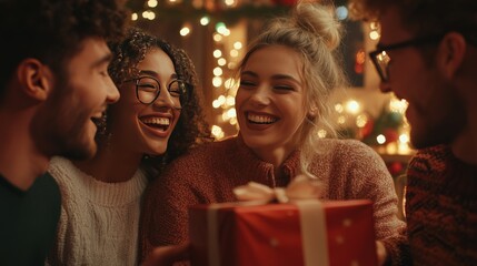 Friends sharing joy and laughter while exchanging gifts during a cozy holiday celebration.