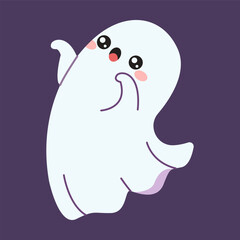 Childish ghost scaring flat color vector illustration. Happy Halloween card. Cute spirit with bedsheet concept icon on purple background