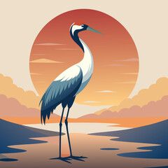 heron on sunset background silhouette vector illustration