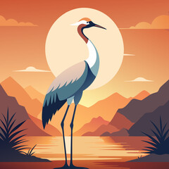 heron on sunset background silhouette vector illustration