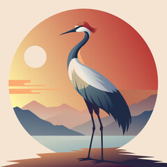 heron on sunset background silhouette vector illustration