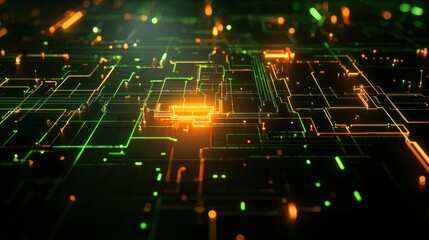 A complex abstract maze with neon green and orange elements, arranged in a futuristic, three-dimensional space. The maze is pathways glow brightly against a dark, textured backdrop, creating a vivid