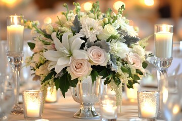 Obraz premium Elegant white and pink floral centerpiece with candles on a table, perfect for weddings and formal events.