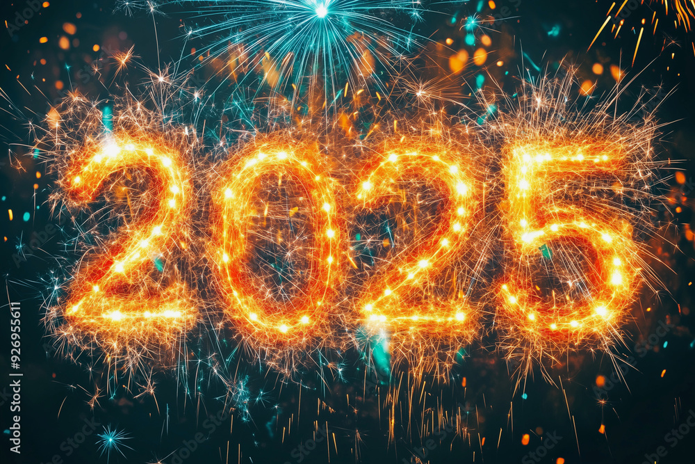 Poster colorful fireworks display with the number 2025 the middle. the fireworks are in different colors an