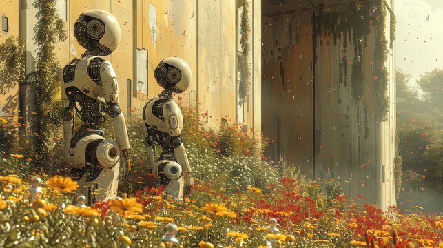 Futuristic AI Robots Tending to a Digital Garden with Copy Space on Left Side for Text.