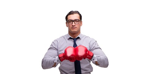 Aggressive businessman with boxing gloves isolated on white