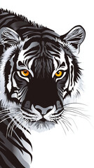 Detailed vector artwork featuring a black tiger with yellow eyes against a white backdrop.