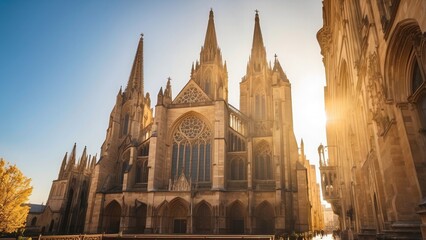 Majestic cathedral with towering spires and intricate stained glass windows, bathed in golden sunligh