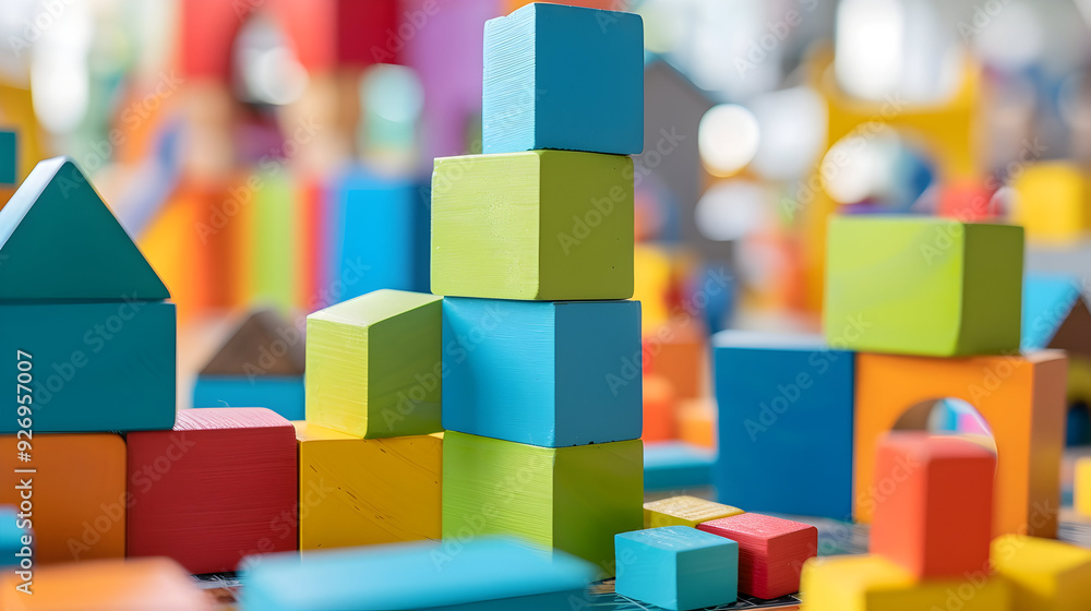 Poster colorful blocks of children game organized in building structure
