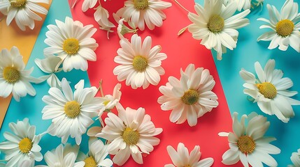 Flat lay frame of white flowers on colorful background