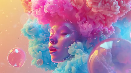 A close-up of a woman's face, partially obscured by a cloud of pink and blue smoke, with an iridescent bubble floating in the background.
