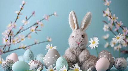 Obraz premium Cute easter background with a bunny and easter eggs