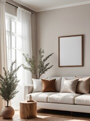 Frame mockup in home interior background with sunlight streaming of the morning, mockup frame design, frame mockup