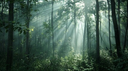 Obraz premium Sun Rays Through Misty Forest