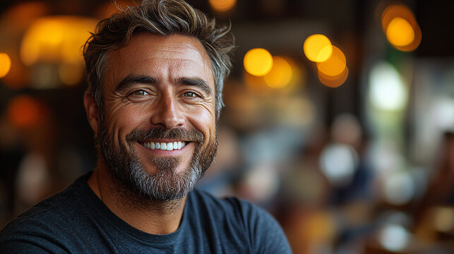 A smiling man with a beard and black shirt exudes confidence and positivity.