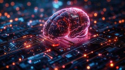 Technological Mind: Abstract Digital Brain Processing Complex Data with Copy Space Above