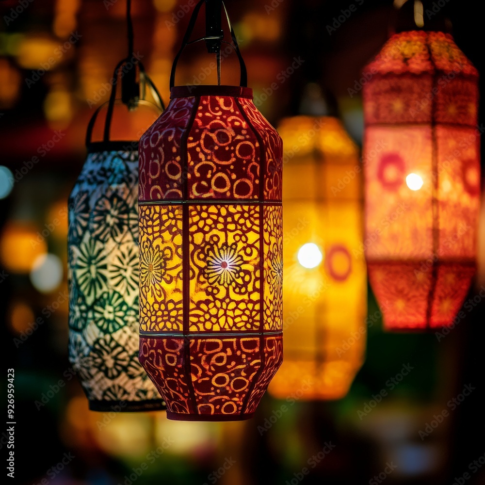 Poster colorful hanging lanterns illuminated at night, featuring intricate patterns and warm glowing light,