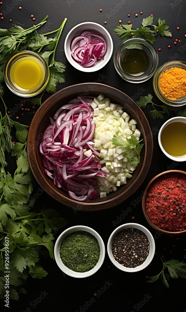 Poster salad vinaigrette with beets, vegetables, peas and herbs on a graphite background.