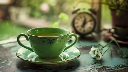 Fototapeta premium Green tea cup and clock on table close up