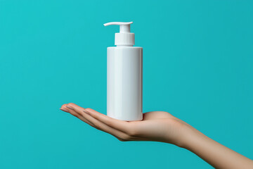 hand is holding a white bottle of lotion. The bottle is almost empty, and the hand is holding it with a sense of care and attention