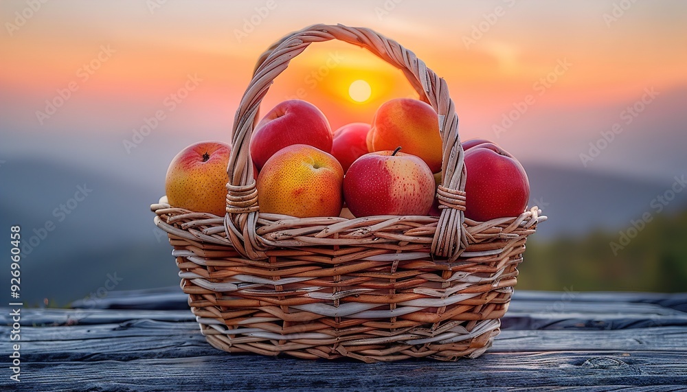 Sticker Basket of fruit on a wooden table