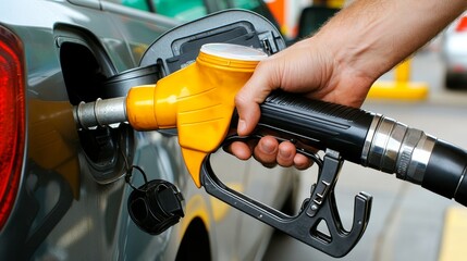 Closeup Perspective Hand Filling Car Gas Tank Yellow Nozzle Chrome Detail Fueling Up Concept